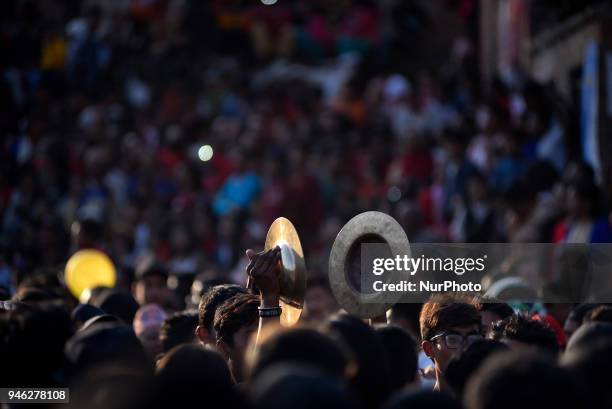 Nepalese devotees playing traditional instruments during the celebration of Bisket Jatra Festival at Bhaktapur, Nepal on Saturday, April 14, 2018....