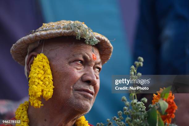 Portrait of local priest offering ritual prayer during the pull down 'Linga' a wodden pole during the celebration of Bisket Jatra Festival at...