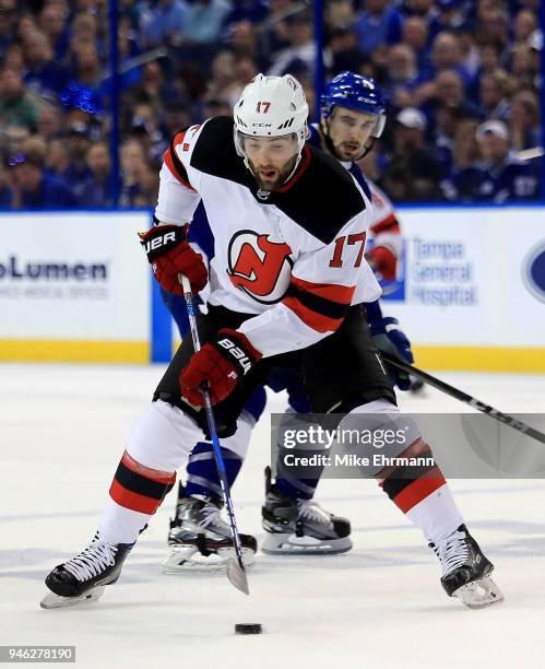 Patrick Maroon of the New Jersey Devils carries the puck during Game Two of the Eastern Conference First Round against the Tampa Bay Lightning during...