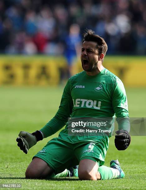 Lukasz Fabianski of Swansea City celebrates as Jordan Ayew of Swansea Cityscores his sides first goal during the Premier League match between Swansea...