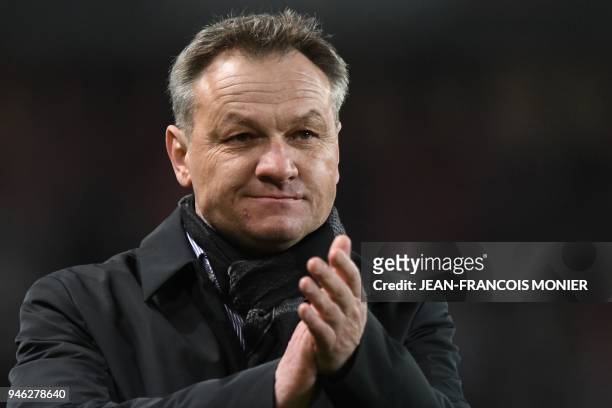 Metz's French head coach Frederic Hantz applauds at the end of the French L1 Football match between Rennes and Metz , on April 14 at the Roazhon...