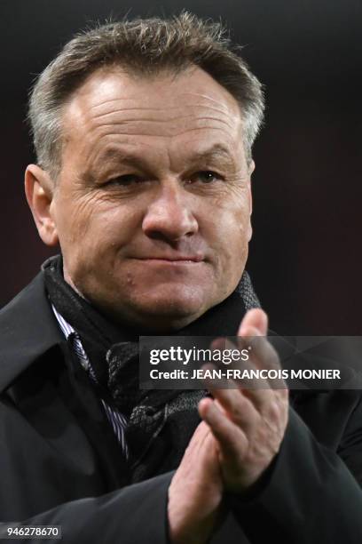 Metz's French head coach Frederic Hantz applauds at the end of the French L1 Football match between Rennes and Metz , on April 14 at the Roazhon...