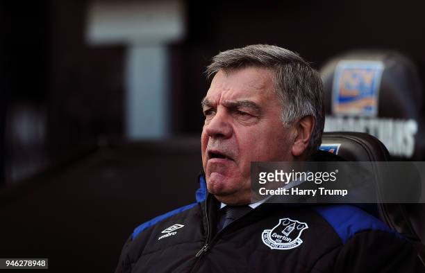 Everton manager Sam Allardyce looks on during the Premier League match between Swansea City and Everton at Liberty Stadium on April 14, 2018 in...