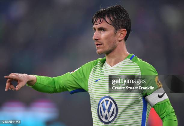 Paul Verhaegh of Wolfsburg gestures during the Bundesliga match between VfL Wolfsburg and FC Augsburg at Volkswagen Arena on April 13, 2018 in...