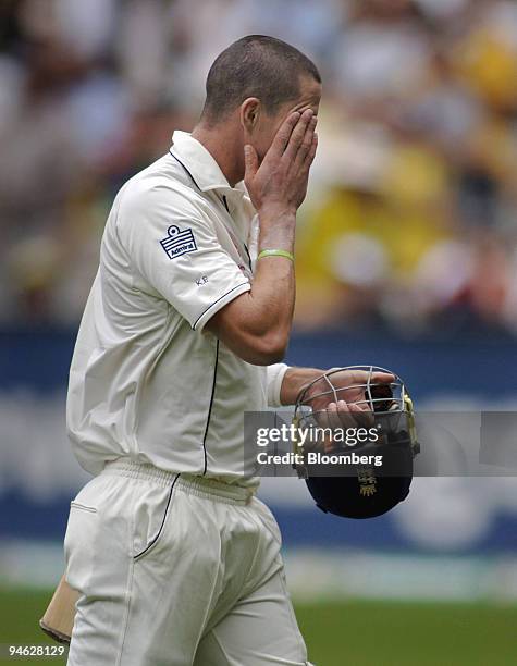 Kevin Pietersen, batting for England, leaves the field after getting out, on Day 3 of the fourth Ashes Test match between Australia and England at...