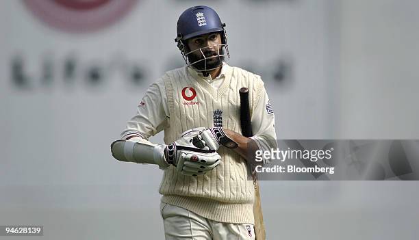 Monty Panesar, batting for England, leaves the field after getting out, on Day 3 of the fourth Ashes Test match between Australia and England at the...
