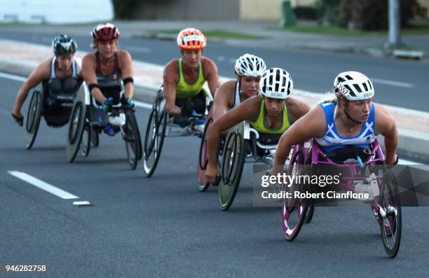 Samantha Kinghorn of Scotland duirng the Men's and Women's T54 marathon on day 11 of the Gold Coast 2018 Commonwealth Games at Southport Broadwater...