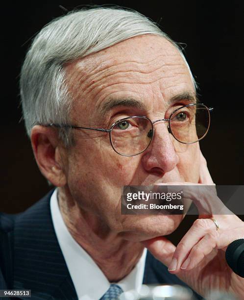 Assistant Secretary of Defense Gordon R. England listens to a question during a Senate Armed Services Committee on military tribunals, August 2, 2006...