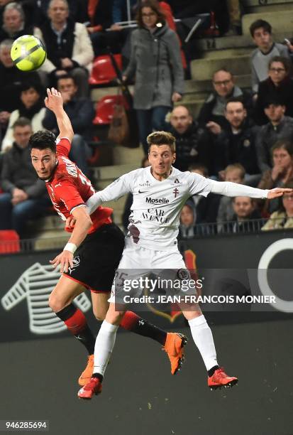 Rennes' Algerian defender Ramy Bensebaini vies with Metz's Spanish defender Ivan Balliu during the French L1 Football match between Rennes and Metz ,...