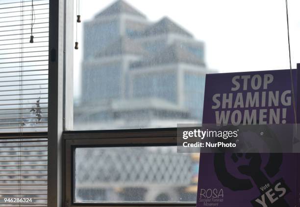 Stop Shaming Women poster seen during a Rally for Equality, Freedom &amp; Choice organised by ROSA - an Irish Socialist Feminist Movement at Liberty...