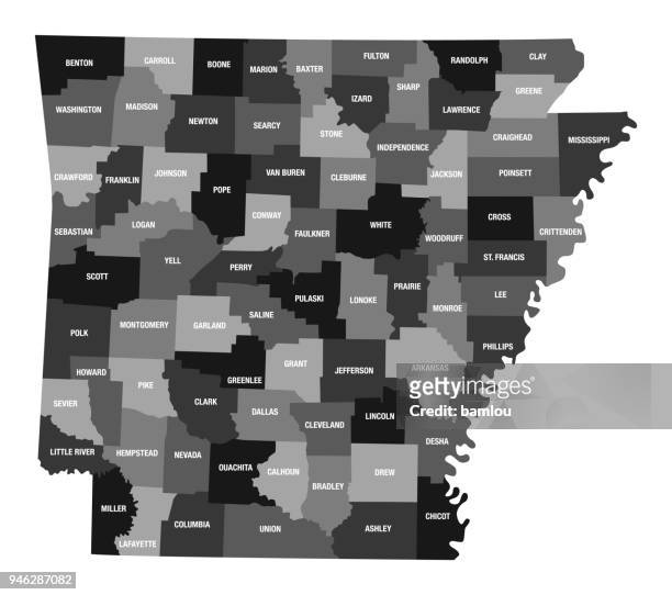 detailed map of arkansas state with county divisions - continent geographic area stock illustrations