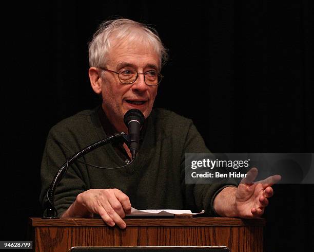 Actor Austin Pendleton speaks at the special performance of the longest running "Our Town" at the Barrow Street Theatre on December 16, 2009 in New...