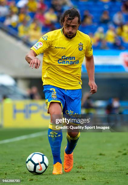 Matias Aguirregaray of Las Palmas runs with the ball during the La Liga match between UD Las Palmas and Real Sociedad at Estadio de Gran Canaria on...