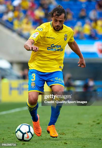 Matias Aguirregaray of Las Palmas runs with the ball during the La Liga match between UD Las Palmas and Real Sociedad at Estadio de Gran Canaria on...