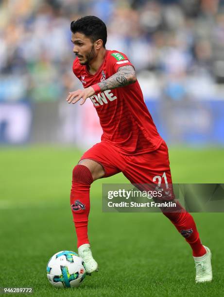 Leonardo Bittencourt of Cologne in action during the Bundesliga match between Hertha BSC and 1. FC Koeln at Olympiastadion on April 14, 2018 in...