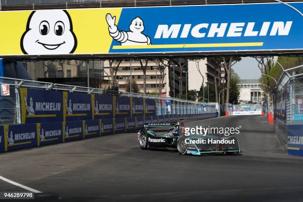 In this handout provided by FIA Formula E, Mitch Evans , Panasonic Jaguar Racing, Jaguar I-Type II. During the Rome ePrix, Round 7 of the 2017/18 FIA...