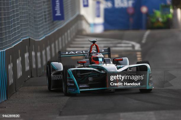 In this handout provided by FIA Formula E, Mitch Evans , Panasonic Jaguar Racing, Jaguar I-Type II. During the Rome ePrix, Round 7 of the 2017/18 FIA...