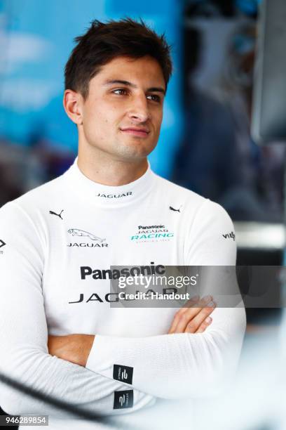 In this handout provided by FIA Formula E, Mitch Evans , Panasonic Jaguar Racing, Jaguar I-Type II. During the Rome ePrix, Round 7 of the 2017/18 FIA...