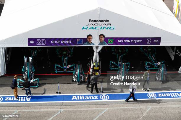 In this handout provided by FIA Formula E, Garages of Mitch Evans , Panasonic Jaguar Racing, Jaguar I-Type II, and Nelson Piquet Jr. , Panasonic...