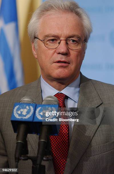 Russian Ambassador to the United Nations Vitaly Churkin, speaks to reporters after a U.N. Security Council vote on North Korea at UN headquarters...