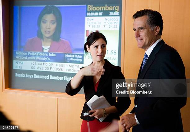 Former Massachusetts Governor and Republican presidential candidate Mitt Romney speaks with Bloomberg News reporter Heidi Przybyla in Washington,...