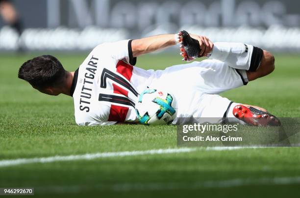 Erik Thommy of Stuttgart reacts during the Bundesliga match between VfB Stuttgart and Hannover 96 at Mercedes-Benz Arena on April 14, 2018 in...