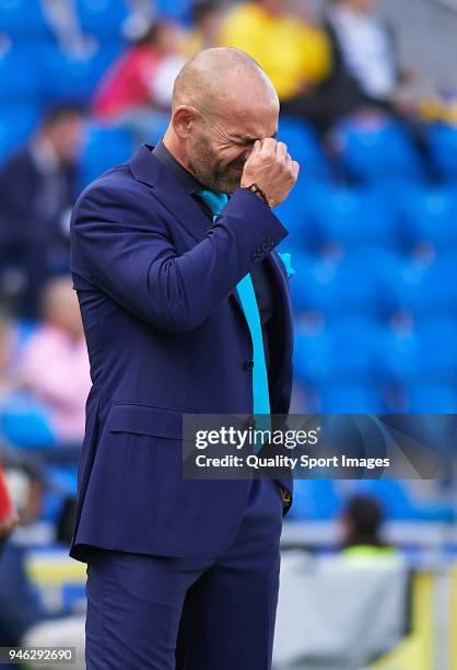 Paco Jemez, Manager of UD Las Palmas reacts during the La Liga match between UD Las Palmas and Real Sociedad at Estadio de Gran Canaria on April 14,...