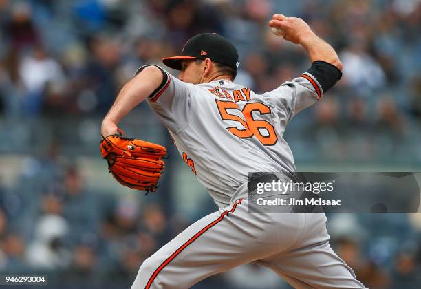 Darren O'Day of the Baltimore Orioles in action against the New York Yankees at Yankee Stadium on April 8, 2018 in the Bronx borough of New York...