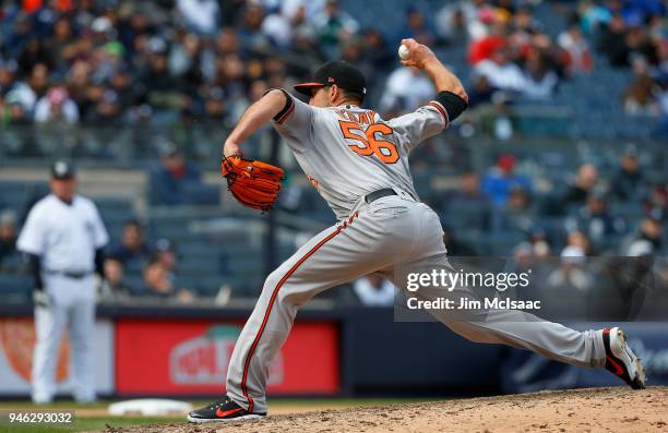 Darren O'Day of the Baltimore Orioles in action against the New York Yankees at Yankee Stadium on April 8, 2018 in the Bronx borough of New York...