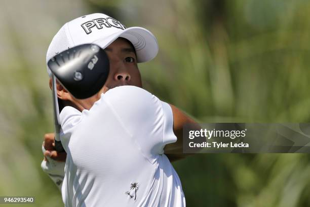 Satoshi Kodaira of Japan plays his tee shot on the 11th hole during the third round of the 2018 RBC Heritage at Harbour Town Golf Links on April 14,...