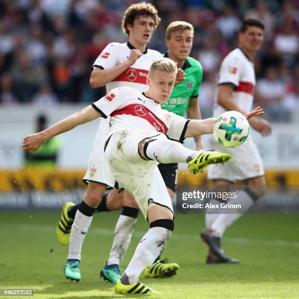 Timo Baumgartl of Stuttgart clears the ball during the Bundesliga match between VfB Stuttgart and Hannover 96 at Mercedes-Benz Arena on April 14,...