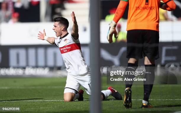 Erik Thommy of Stuttgart reacts during the Bundesliga match between VfB Stuttgart and Hannover 96 at Mercedes-Benz Arena on April 14, 2018 in...