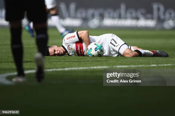 Erik Thommy of Stuttgart reacts during the Bundesliga match between VfB Stuttgart and Hannover 96 at Mercedes-Benz Arena on April 14, 2018 in...