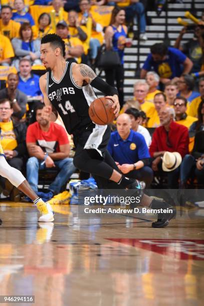 Danny Green of the San Antonio Spurs handles the ball against the Golden State Warriors in Game One of Round One during the 2018 NBA Playoffs on...