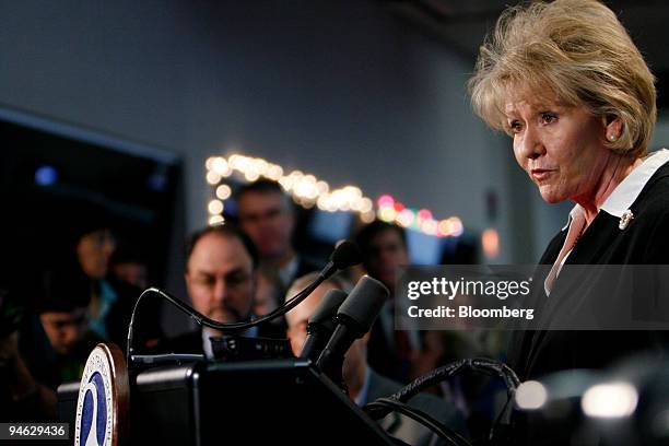 Mary Peters, U.S. Secretary of transportation, speaks at a news conference at the Air Traffic Control System Command Center in Herndon, Virginia,...