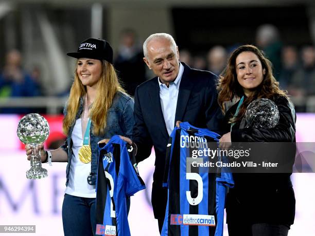 Michela Moioli, Antonio Percassi and Sofia Goggia attend the serie A match between Atalanta BC and FC Internazionale at Stadio Atleti Azzurri...