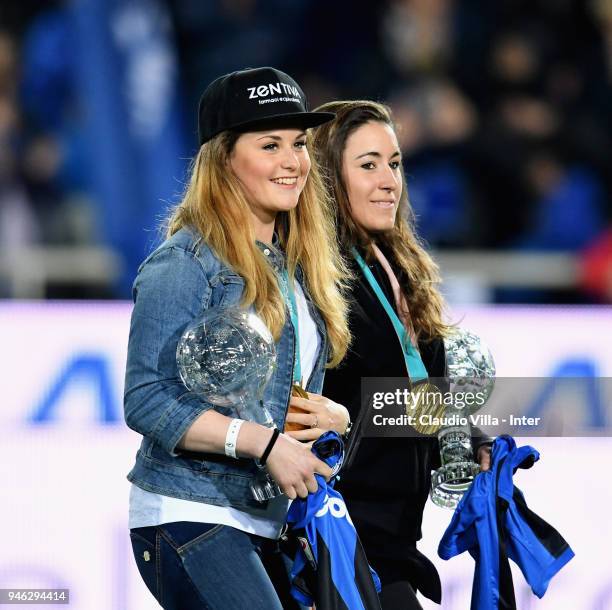Michela Moioli and Sofia Goggia attend the serie A match between Atalanta BC and FC Internazionale at Stadio Atleti Azzurri d'Italia on April 14,...