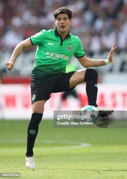 Miiko Albornoz of Hannover controls the ball during the Bundesliga match between VfB Stuttgart and Hannover 96 at Mercedes-Benz Arena on April 14,...