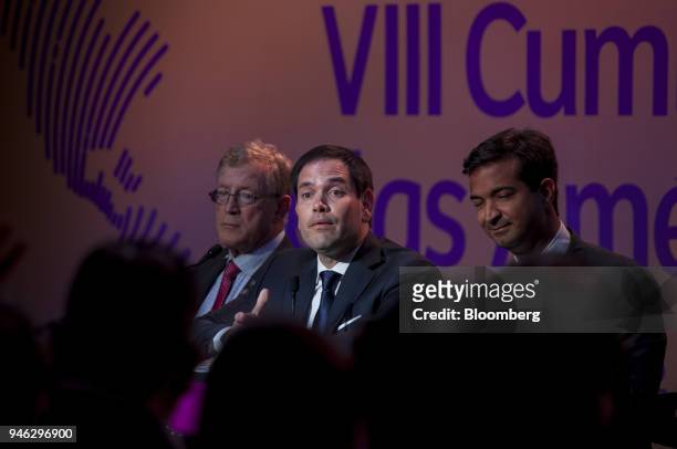 Senator Marco Rubio, a Republican from Florida, center, speaks during a press conference at the CEO Summit of the Americas in Lima, Peru, on...