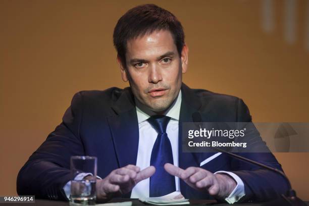 Senator Marco Rubio, a Republican from Florida, speaks during a press conference at the CEO Summit of the Americas in Lima, Peru, on Saturday, April...