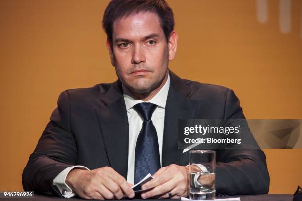 Senator Marco Rubio, a Republican from Florida, listens during a press conference at the CEO Summit of the Americas in Lima, Peru, on Saturday, April...