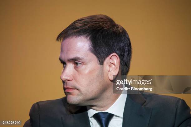 Senator Marco Rubio, a Republican from Florida, listens during a press conference at the CEO Summit of the Americas in Lima, Peru, on Saturday, April...