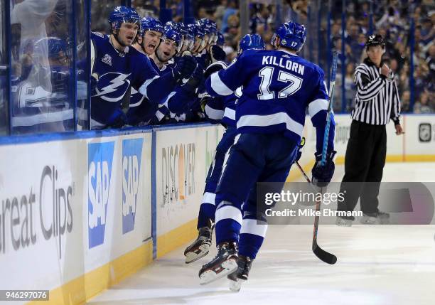 Alex Killorn of the Tampa Bay Lightning celebrates a goal during Game Two of the Eastern Conference First Round against the New Jersey Devils during...
