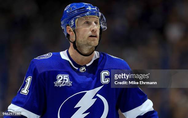 Steven Stamkos of the Tampa Bay Lightning looks on during Game Two of the Eastern Conference First Round against the New Jersey Devils during the...