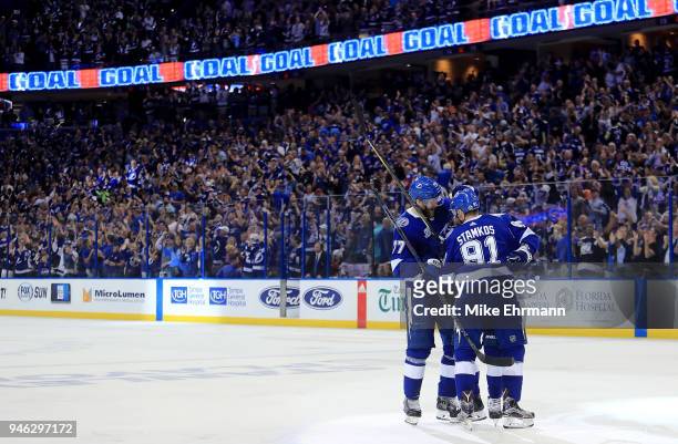 Steven Stamkos of the Tampa Bay Lightning celebrates a goal during Game Two of the Eastern Conference First Round against the New Jersey Devils...