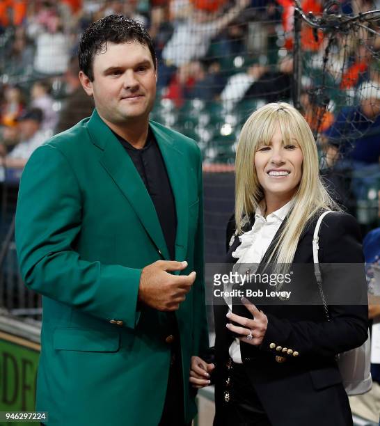 Patrick Reed, winner of the 2018 Masters and wife Justine attend the game between Texas Rangers and Houston Astros at Minute Maid Park on April 14,...