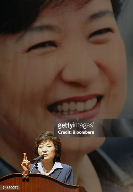 Park Guen-Hye, presidential hopeful and one of the candidates for South Korea's main opposition Grand National Party, makes an address during a...