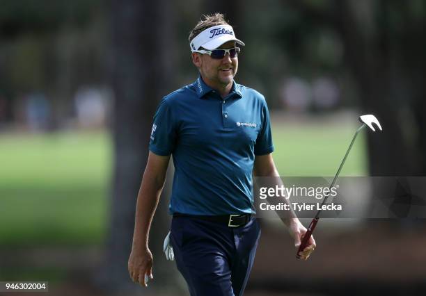 Ian Poulter of England reacts after a putt on the 15th green during the third round of the 2018 RBC Heritage at Harbour Town Golf Links on April 14,...