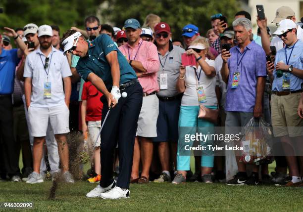 Ian Poulter of England plays a shot on the 16th hole during the third round of the 2018 RBC Heritage at Harbour Town Golf Links on April 14, 2018 in...