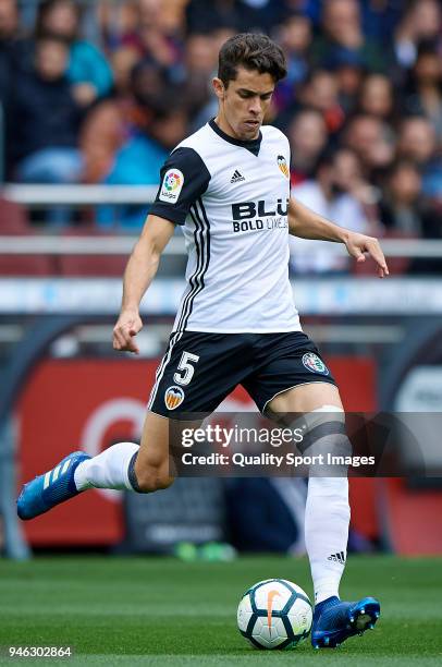 Gabriel Paulista of Valencia in action during the La Liga match between Barcelona and Valencia at Camp Nou on April 14, 2018 in Barcelona, Spain.